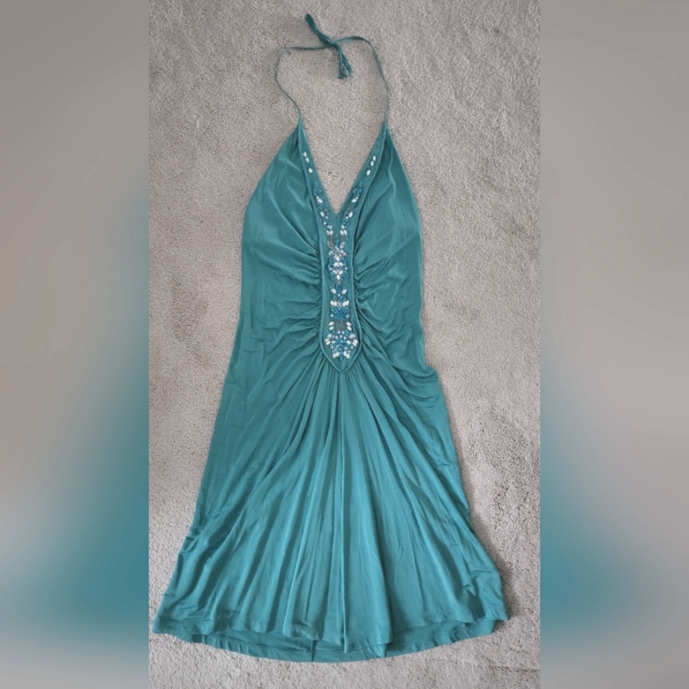 MODA INT/VICTORIA SECRET Turquoise Blue/Green Halter Party-Cocktail Dress Small
